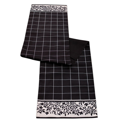 Melrose International Plaid Table Runner/Floral Accent 72"L, Black - 92579DS