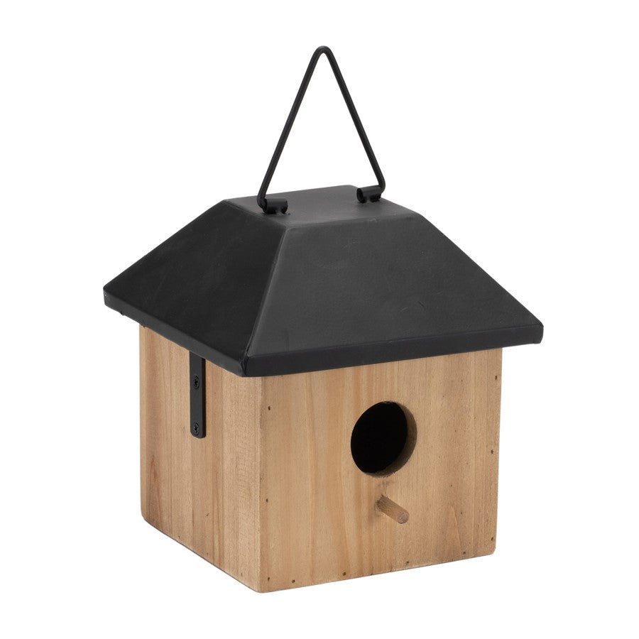 Melrose International Wooden Birdhouse/Metal Roof 7.7"H, Brown/Black - 92598DS