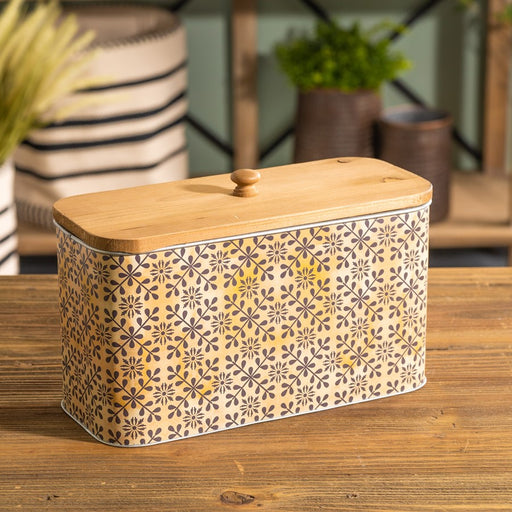 Melrose Geometric Canister/Natural Wood Lid 11"L, Black/Beige