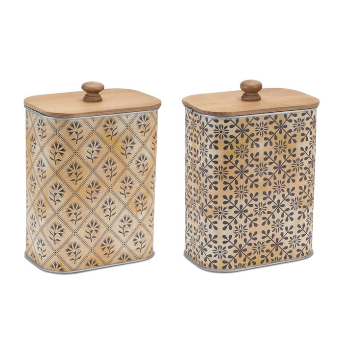 Melrose Geometric Canister/Natural Wood Lid, Set of 2, Black/Beige - 92610DS