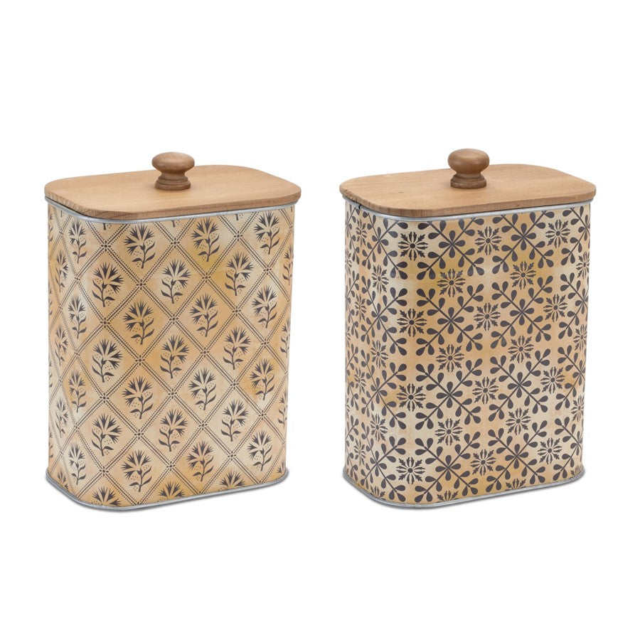Melrose Geometric Canister/Natural Wood Lid, Set of 2, Black/Beige - 92610DS