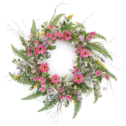 Melrose International Mixed Fern Floral Wreath 20"D, Green/Pink - 92640DS
