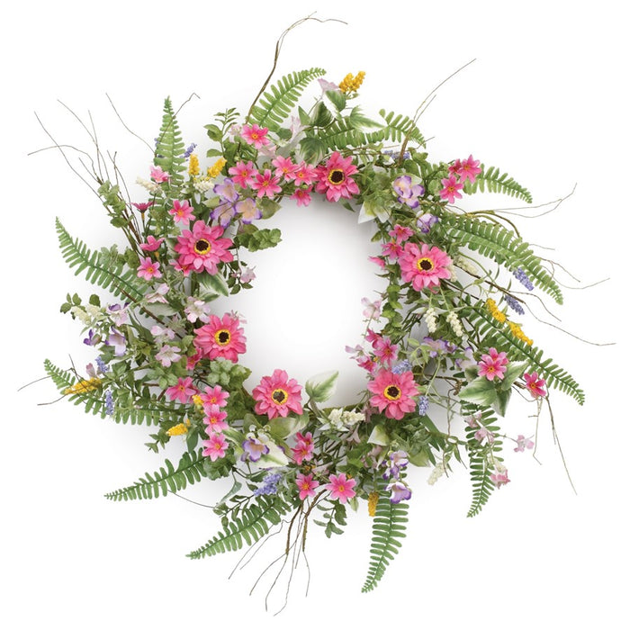Melrose International Mixed Fern Floral Wreath 20"D, Green/Pink - 92640DS