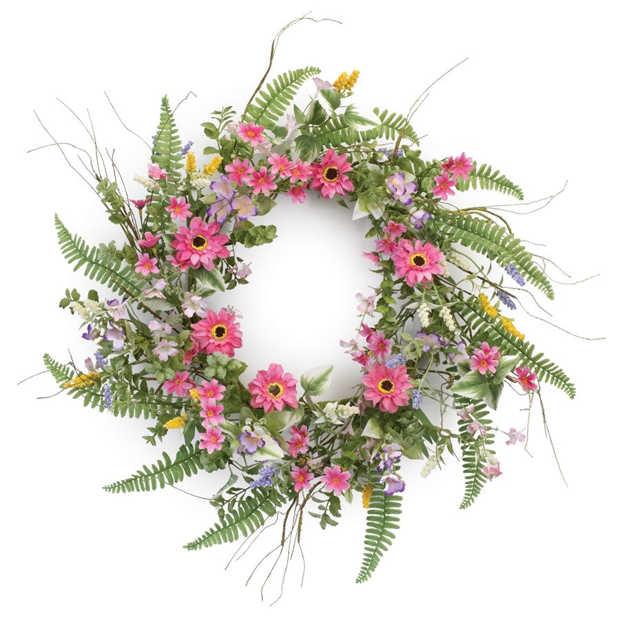 Melrose International Mixed Fern Floral Wreath 20"D, Green/Pink - 92640DS