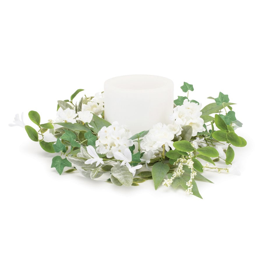 Melrose Mixed Floral/Foliage Candle Ring 17.5"D, Green/White - 92684DS