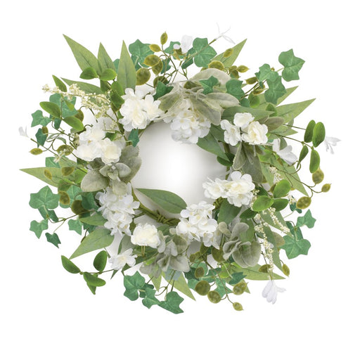 Melrose Mixed Floral/Foliage Candle Ring 17.5"D, Green/White