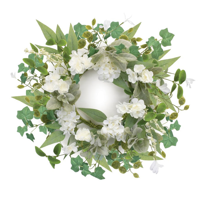 Melrose Mixed Floral/Foliage Candle Ring 17.5"D, Green/White