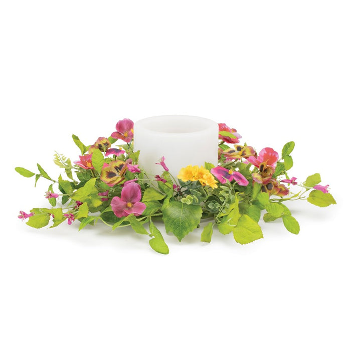 Melrose International Mixed Pansy Floral Candle Ring 16"D, Green/Pink - 92687DS