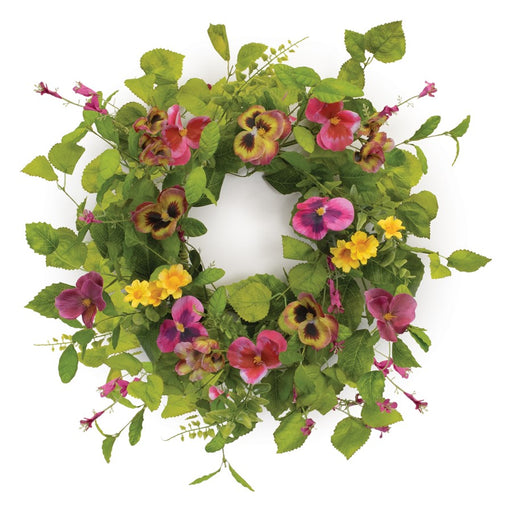 Melrose International Mixed Pansy Floral Candle Ring 16"D, Green/Pink