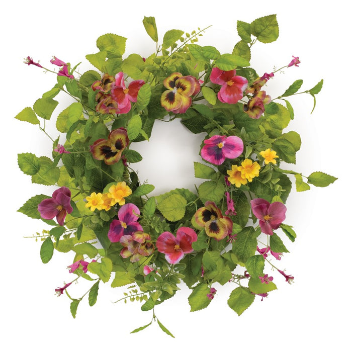 Melrose International Mixed Pansy Floral Candle Ring 16"D, Green/Pink