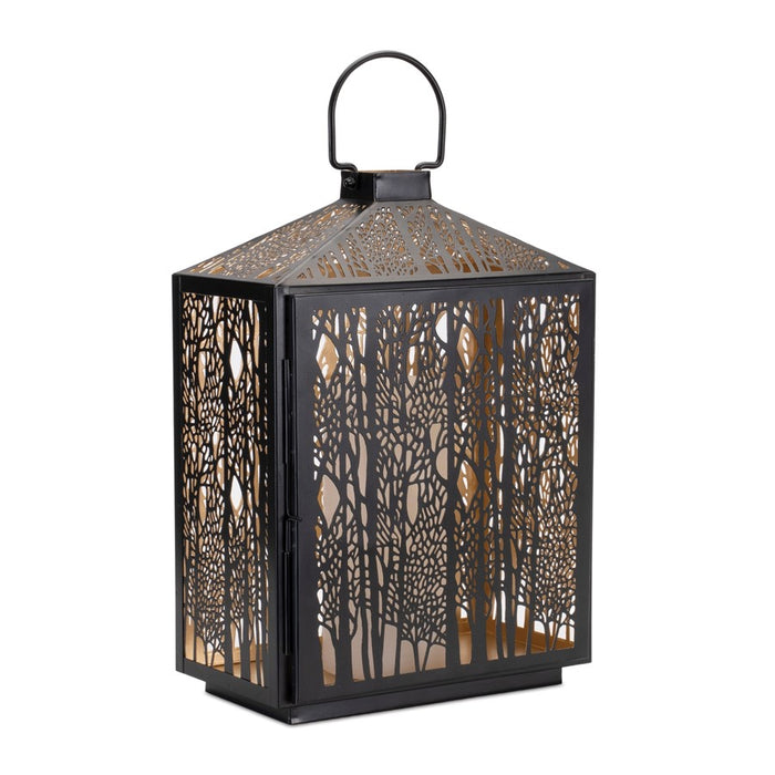 Melrose Forest Cut Metal Lantern/Gold Accent 16"H, Black/Gold