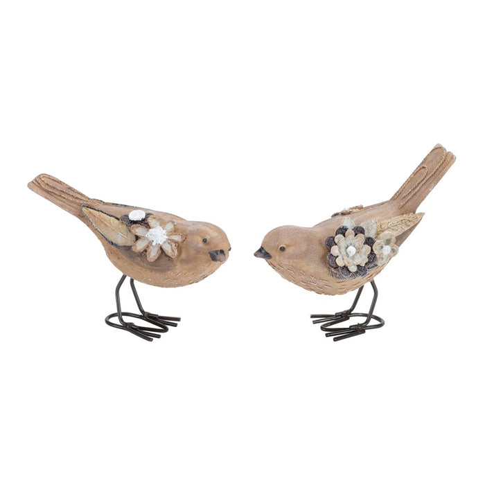Melrose International Floral Bird Figurine, Set of 2, Beige/Black - 92878DS