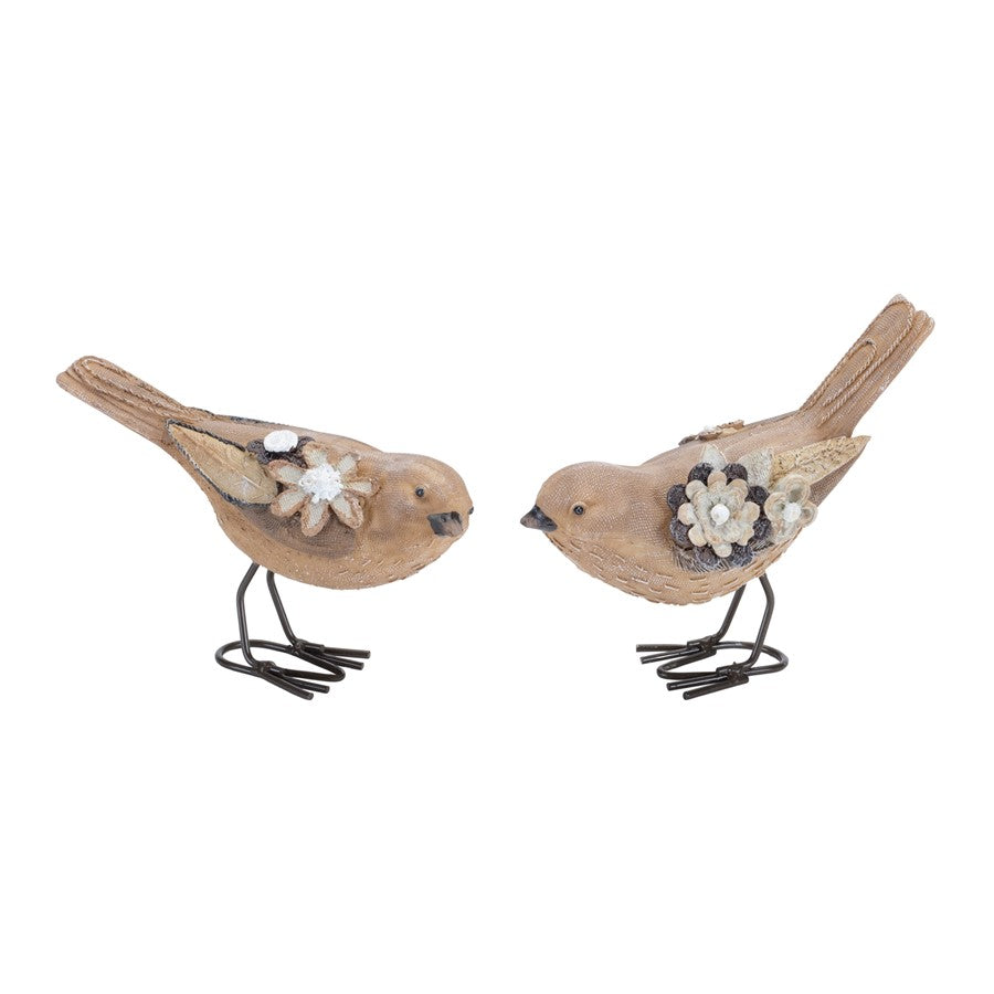 Melrose International Floral Bird Figurine, Set of 2, Beige/Black - 92878DS