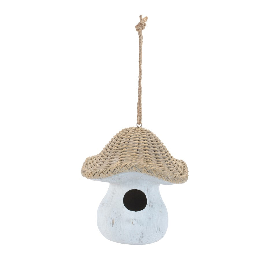 Melrose Mushroom Birdhouse/Wicker Design 8"H, White/Beige - 96080DS