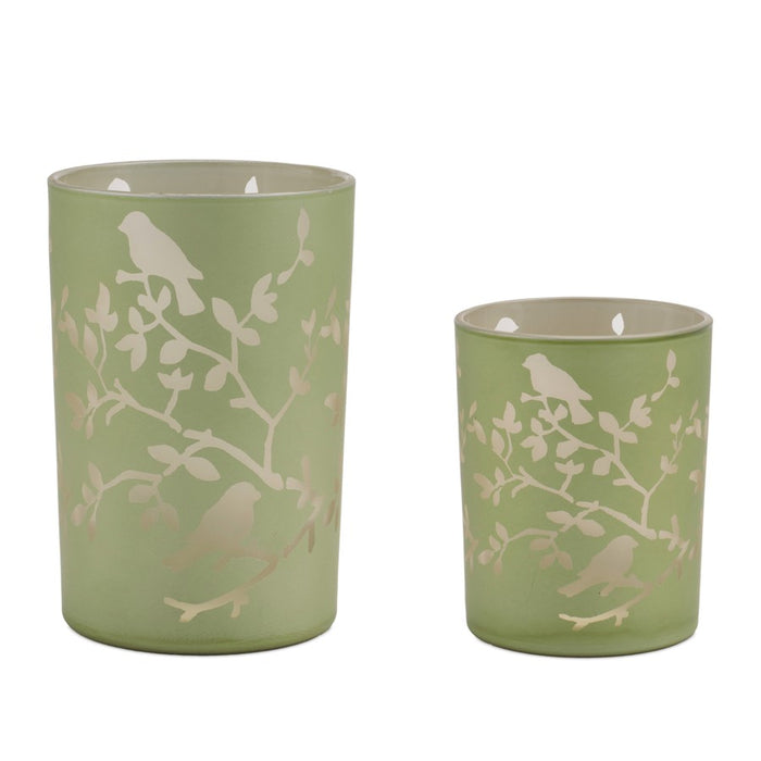Melrose Frosted Floral Bird Candle Holder (Set of 2), Green - 96121DS