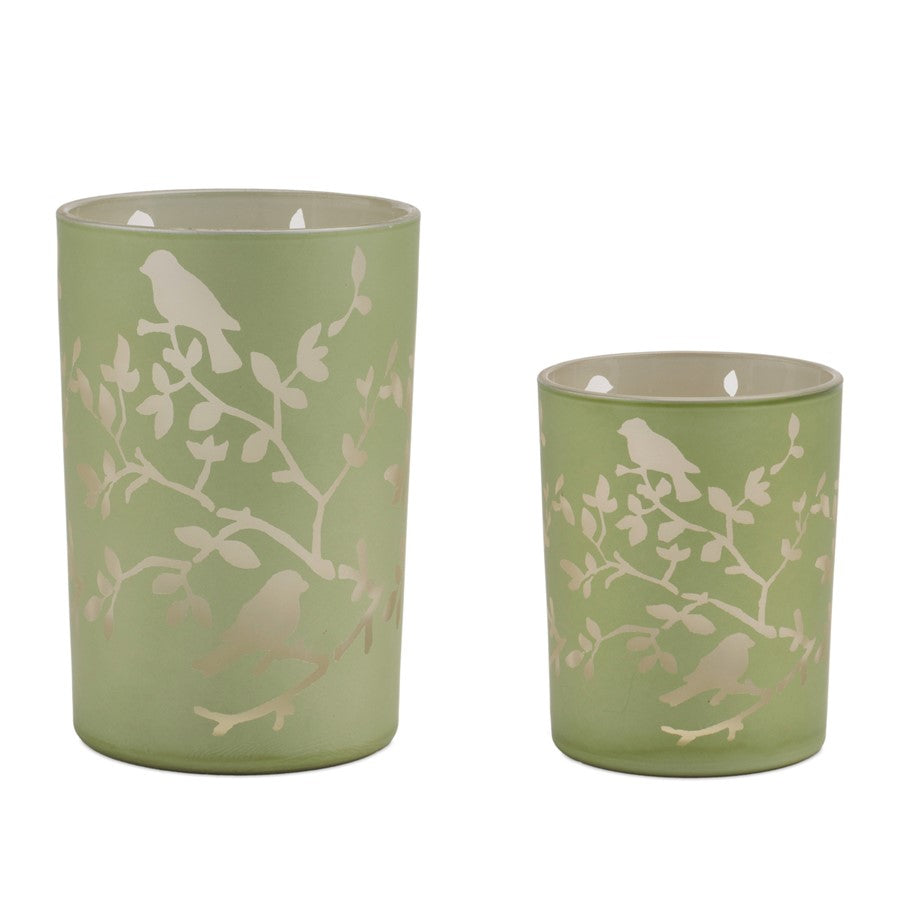 Melrose Frosted Floral Bird Candle Holder (Set of 2), Green - 96121DS