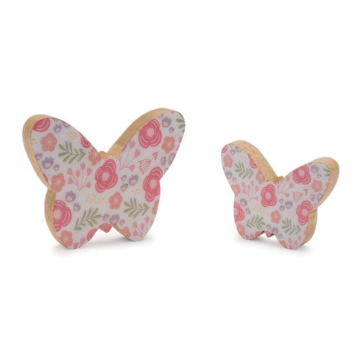 Melrose Wood Floral Patterned Butterfly Decor (Set of 2), White/Pink - 96239DS