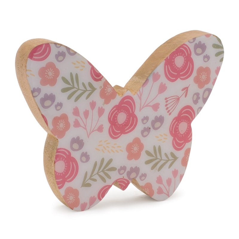 Melrose Wood Floral Patterned Butterfly Decor (Set of 2), White/Pink