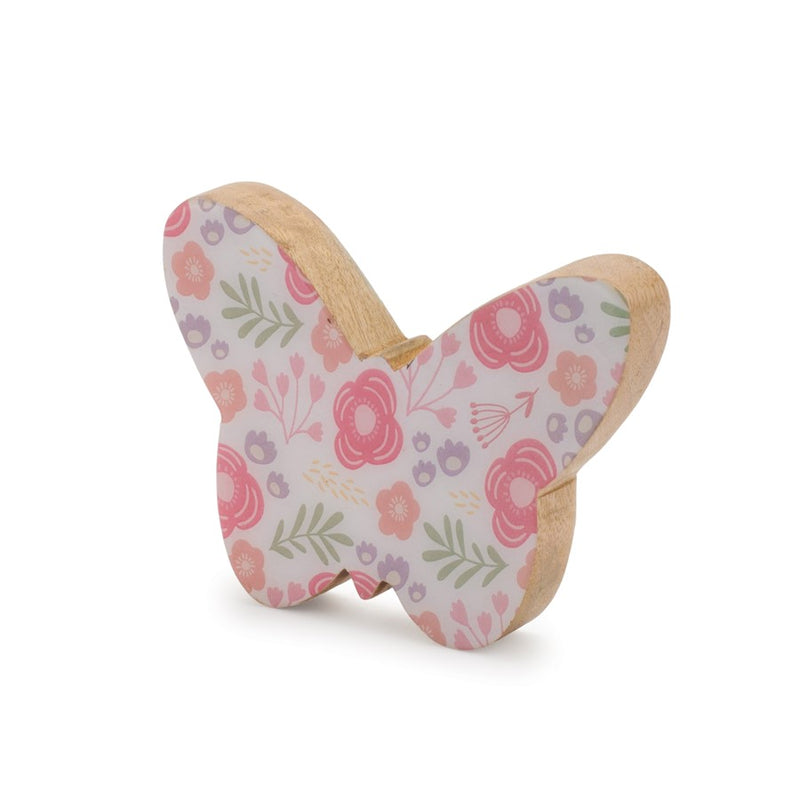 Melrose Wood Floral Patterned Butterfly Decor (Set of 2), White/Pink