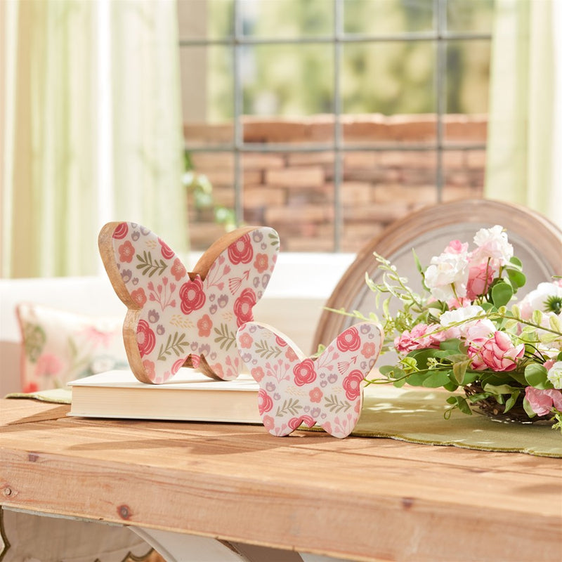 Melrose Wood Floral Patterned Butterfly Decor (Set of 2), White/Pink