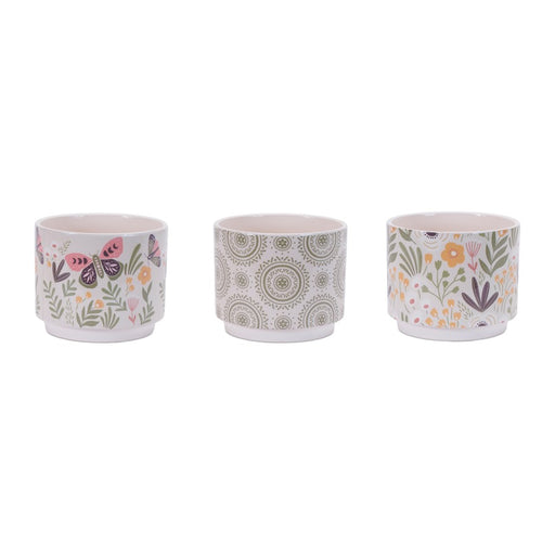 Melrose Stone Floral Patterned Planter (Set of 3), Beige/Green - 96319DS