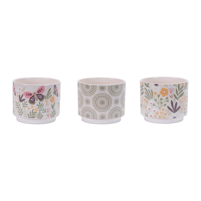 Melrose Stone Floral Patterned Planter (Set of 3), Beige/Green - 96319DS