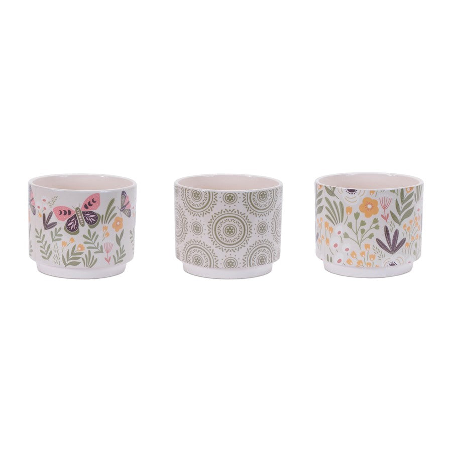 Melrose Stone Floral Patterned Planter (Set of 3), Beige/Green - 96319DS