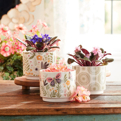 Melrose Stone Floral Patterned Planter (Set of 3), Beige/Green
