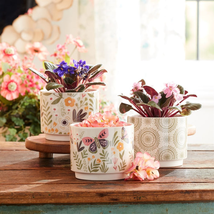 Melrose Stone Floral Patterned Planter (Set of 3), Beige/Green