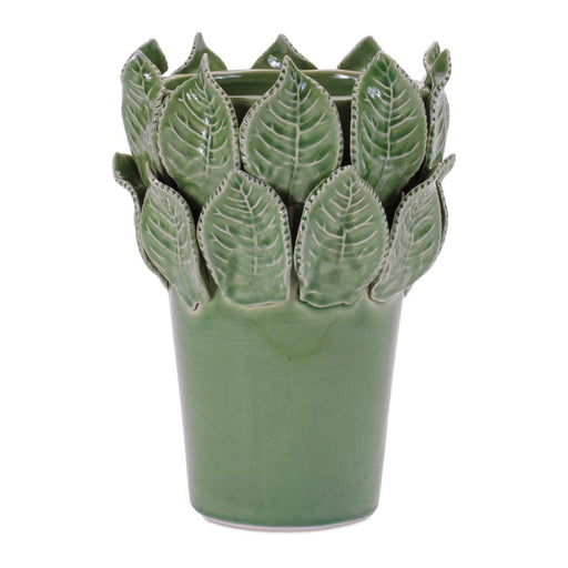 Melrose Stoneware Vase/Leaves Accent 7.5"H, Green - 96368DS