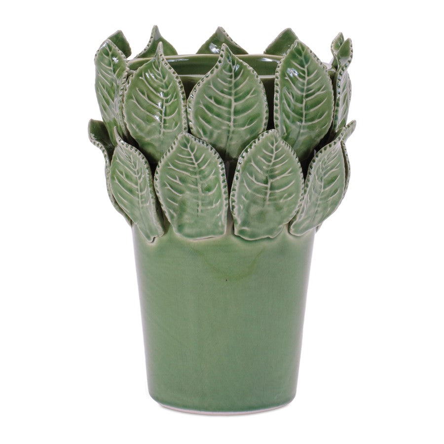 Melrose Stoneware Vase/Leaves Accent 7.5"H, Green - 96368DS