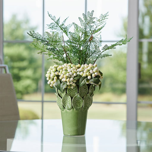 Melrose Stoneware Vase/Leaves Accent 7.5"H, Green