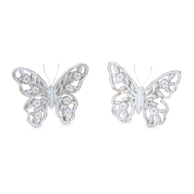 Melrose White Washed Floral Butterfly Decor (Set of 2), White/Beige - 96430DS