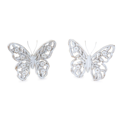 Melrose White Washed Floral Butterfly Decor (Set of 2), White/Beige - 96430DS