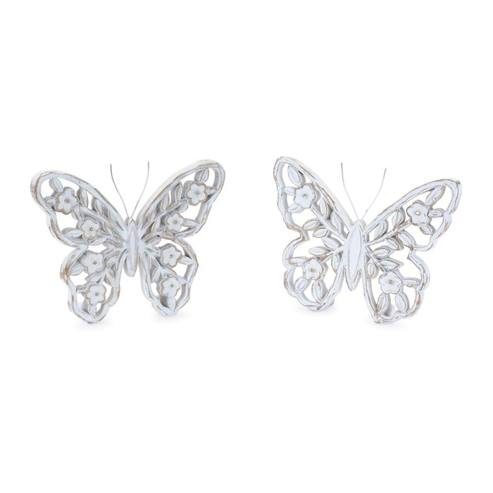 Melrose White Washed Floral Butterfly Decor (Set of 2), White/Beige - 96430DS