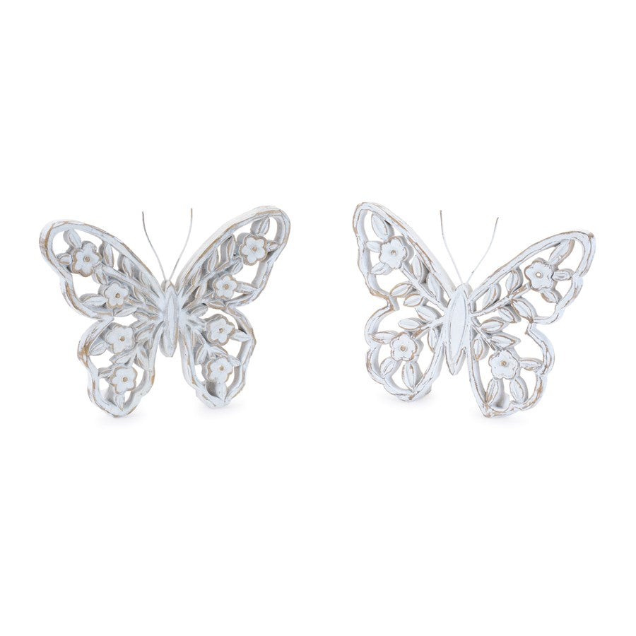 Melrose White Washed Floral Butterfly Decor (Set of 2), White/Beige - 96430DS