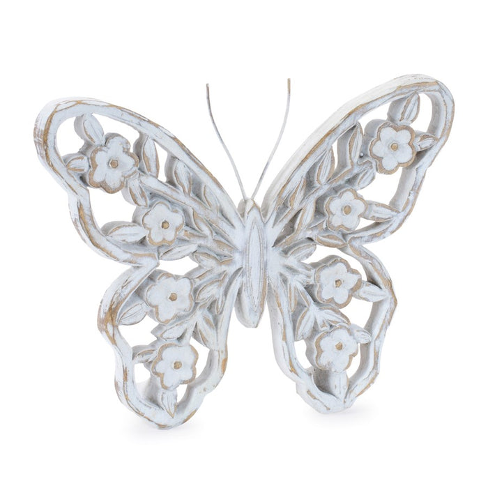 Melrose White Washed Floral Butterfly Decor (Set of 2), White/Beige
