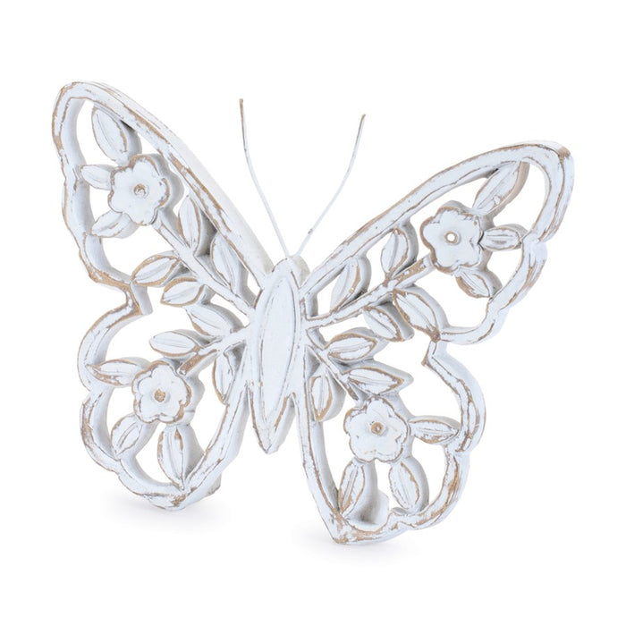 Melrose White Washed Floral Butterfly Decor (Set of 2), White/Beige