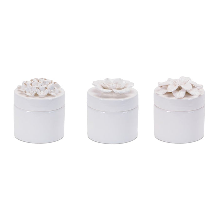 Melrose Stoneware Box/Floral Lid Accent (Set of 3), White - 96460DS