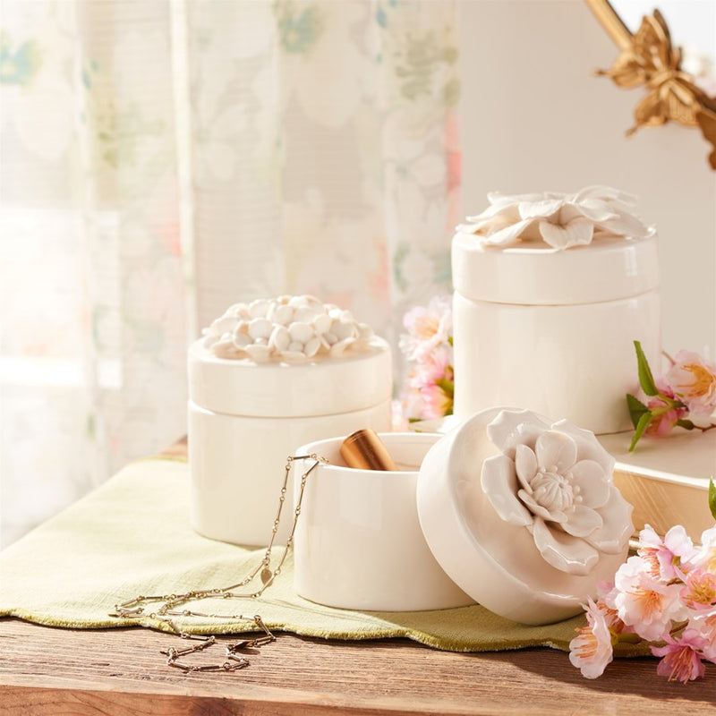 Melrose Stoneware Box/Floral Lid Accent (Set of 3), White