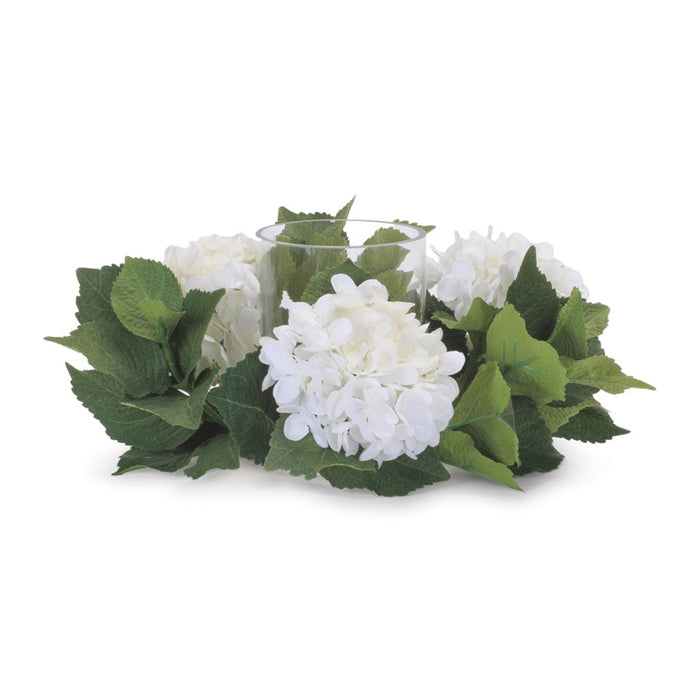 Melrose Hydrangea Candle Ring/Glass Hurricane (Set of 2), White/Green - 96557DS