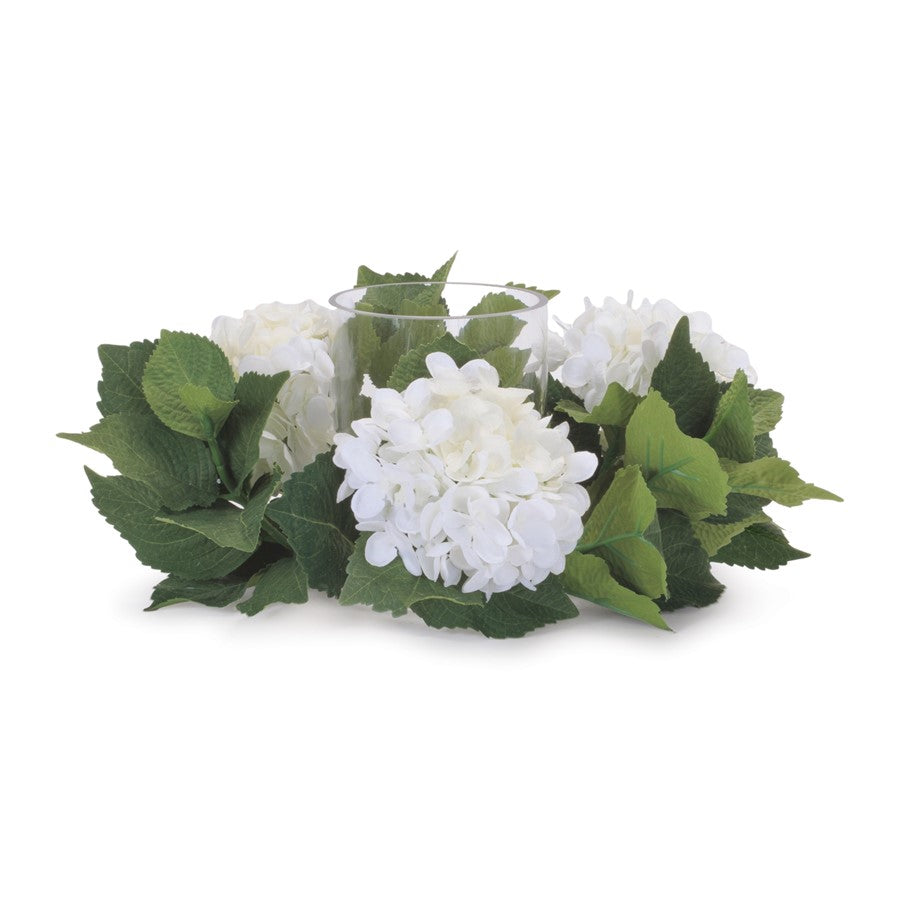 Melrose Hydrangea Candle Ring/Glass Hurricane (Set of 2), White/Green - 96557DS