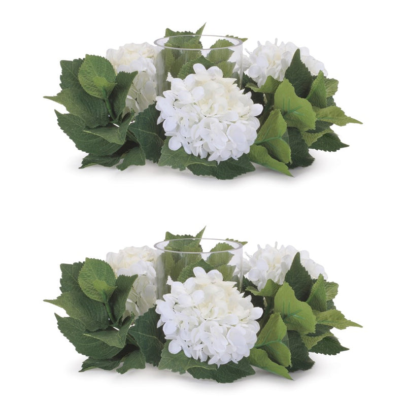 Melrose Hydrangea Candle Ring/Glass Hurricane (Set of 2), White/Green