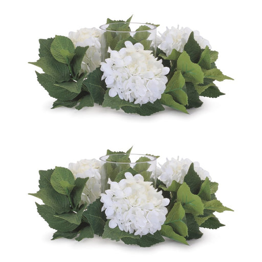 Melrose Hydrangea Candle Ring/Glass Hurricane (Set of 2), White/Green