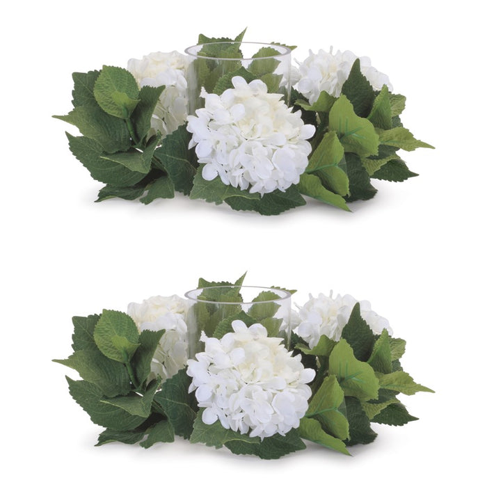 Melrose Hydrangea Candle Ring/Glass Hurricane (Set of 2), White/Green