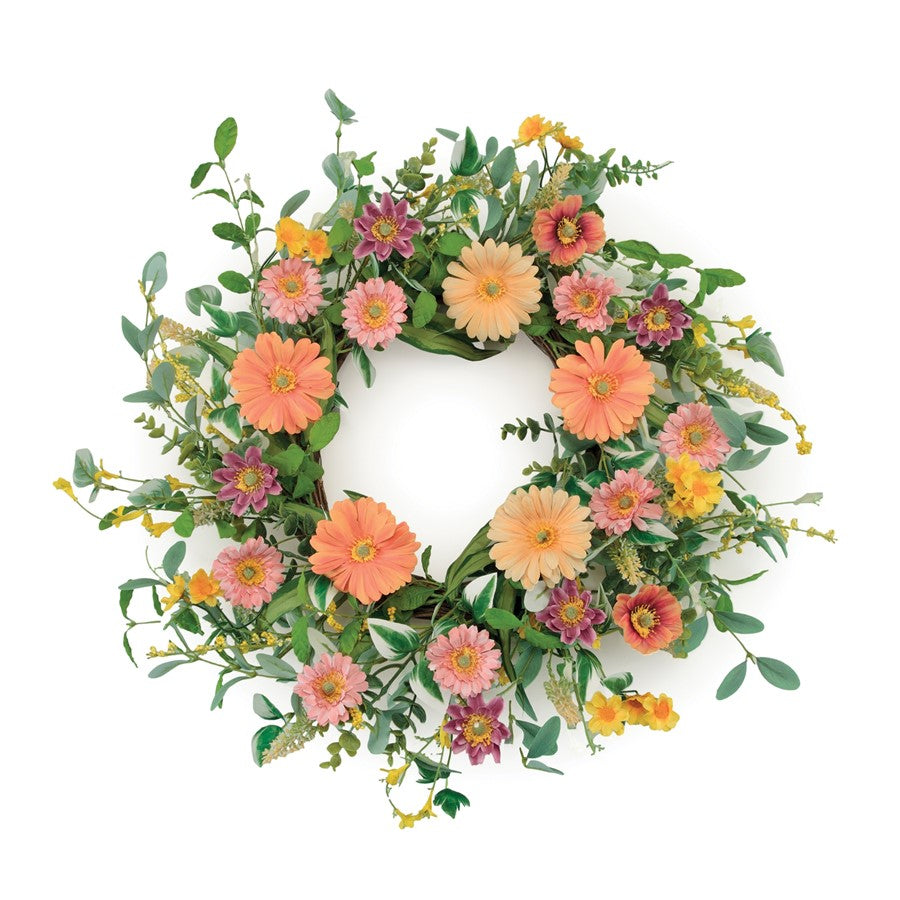 Melrose Mixed Gerbera Daisy Wreath 24"D, Pink/Red/Green - 96818DS