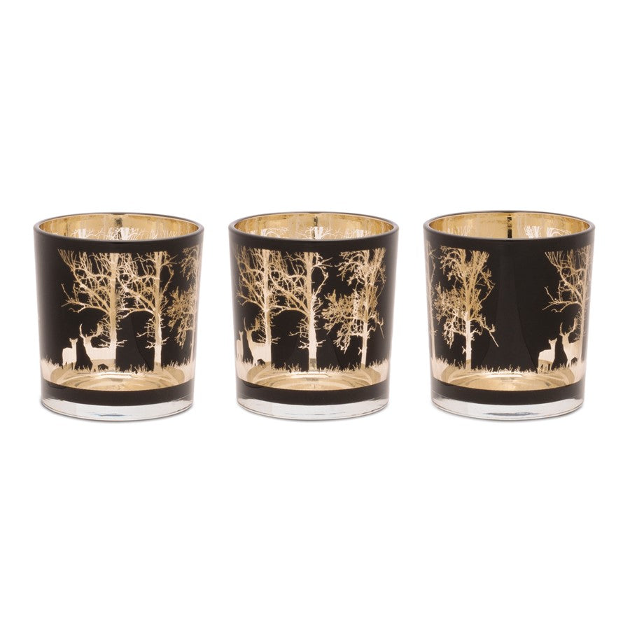 Melrose Mossy Oak Votive (Set of 3) 3"D x 3"H Glass, Black/Gold - 99060DS