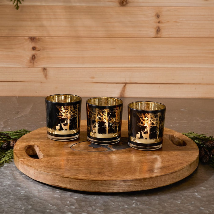 Melrose Mossy Oak Votive (Set of 3) 3"D x 3"H Glass, Black/Gold