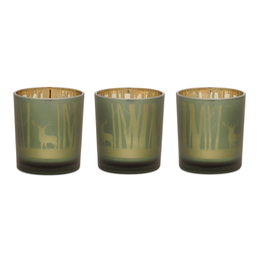 Melrose Mossy Oak Votive (Set of 3) 3"D x 3"H Glass, Green/Gold - 99062DS