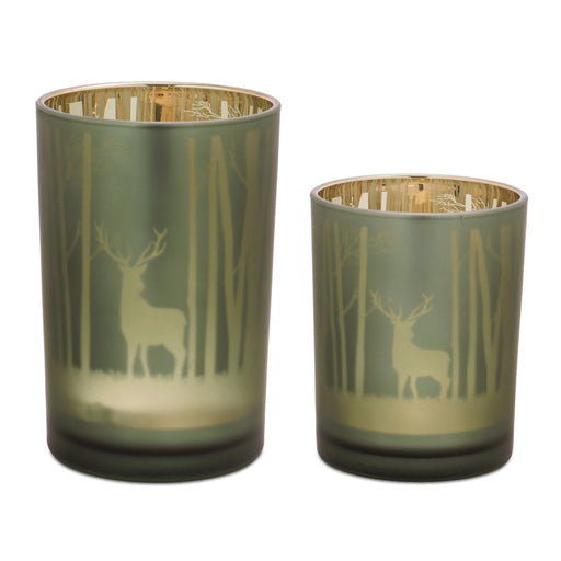 Melrose Mossy Oak Candle Holder (Set of 2) Glass, Green/Gold - 99063DS